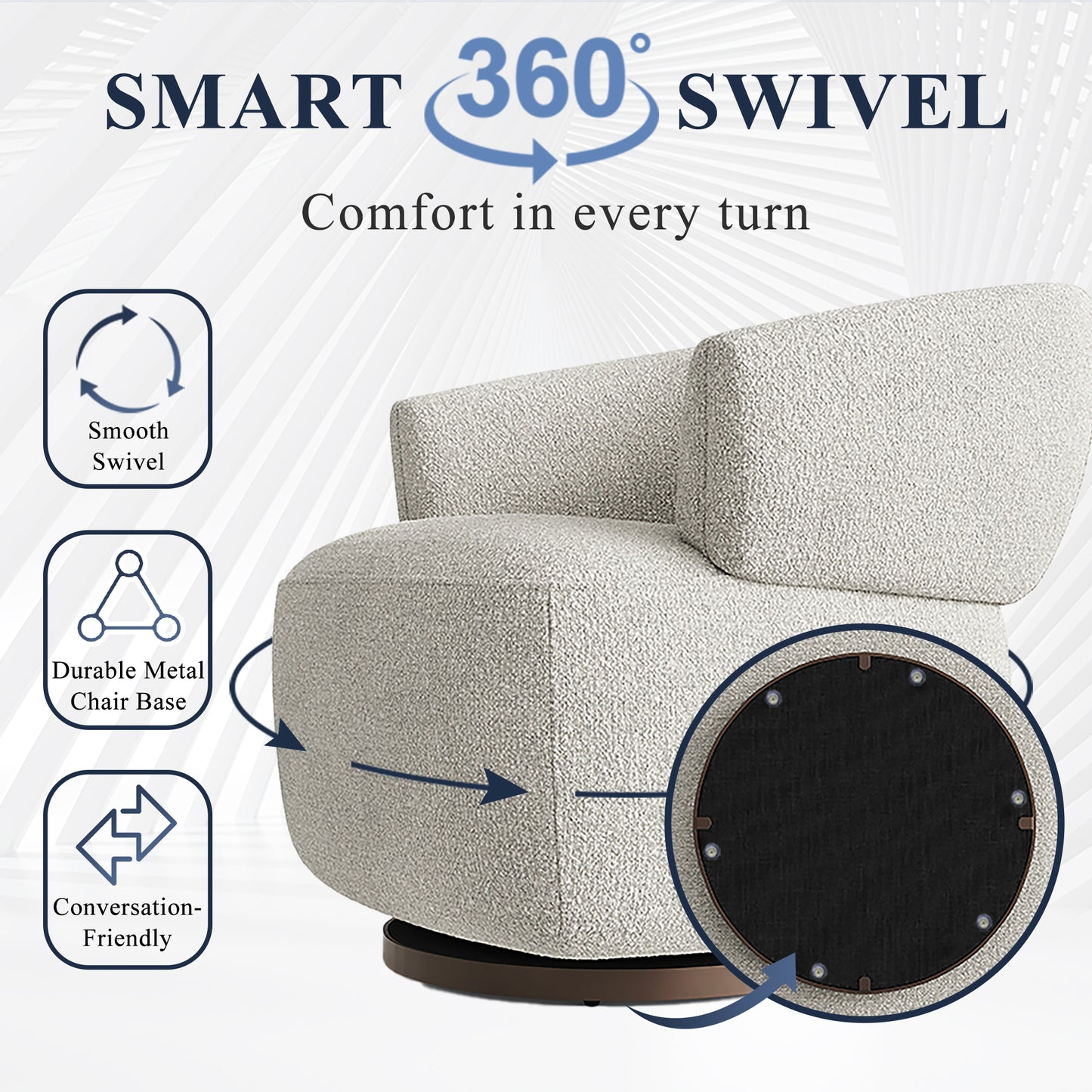 Modern boucle fabric swivel chair in a neutral cream perfect for living rooms