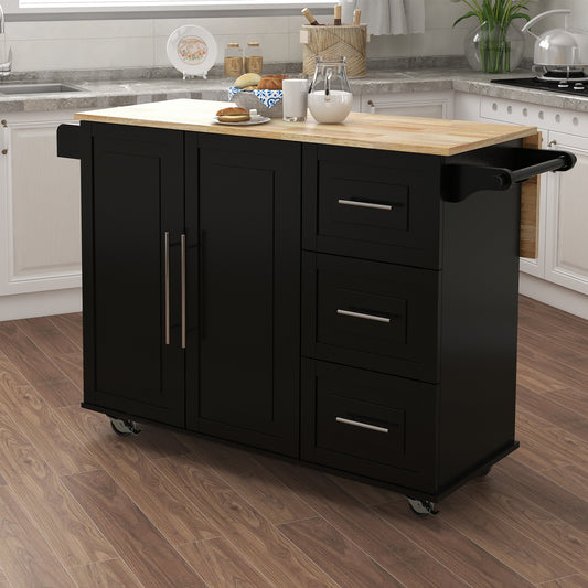 Black kitchen island with butcher block top and silver hardware