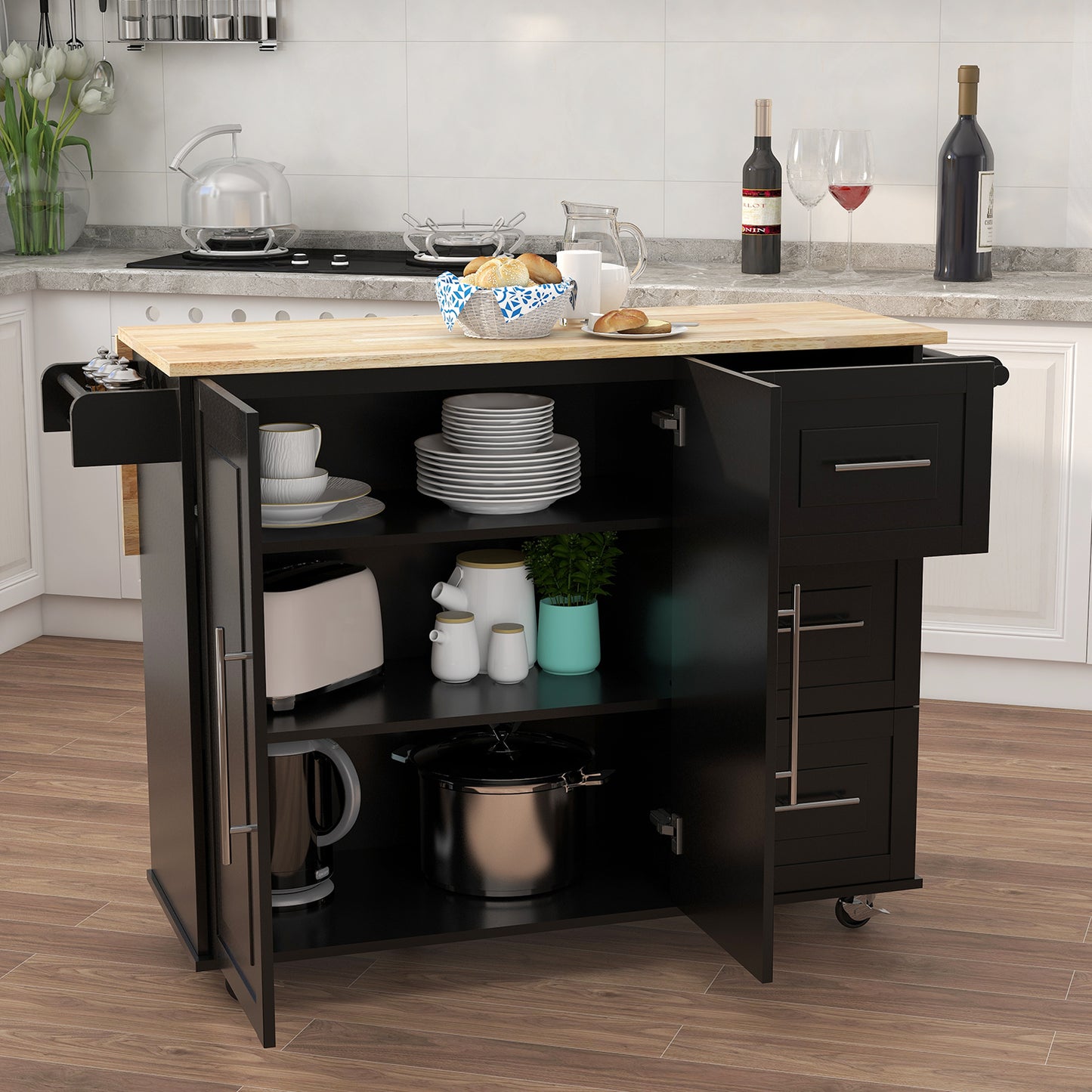 Black kitchen island cart with butcher block top and open storage