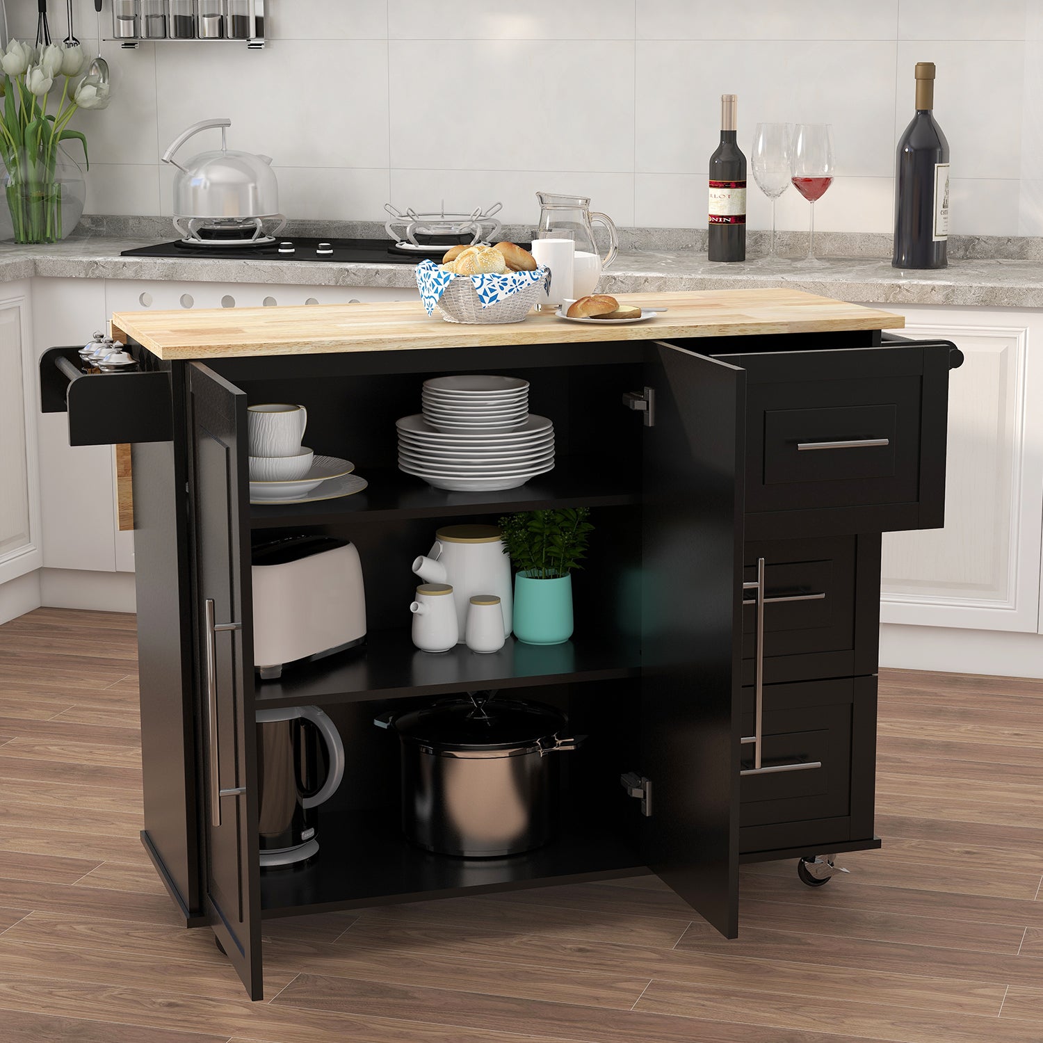 Black kitchen island cart with butcher block top and open storage