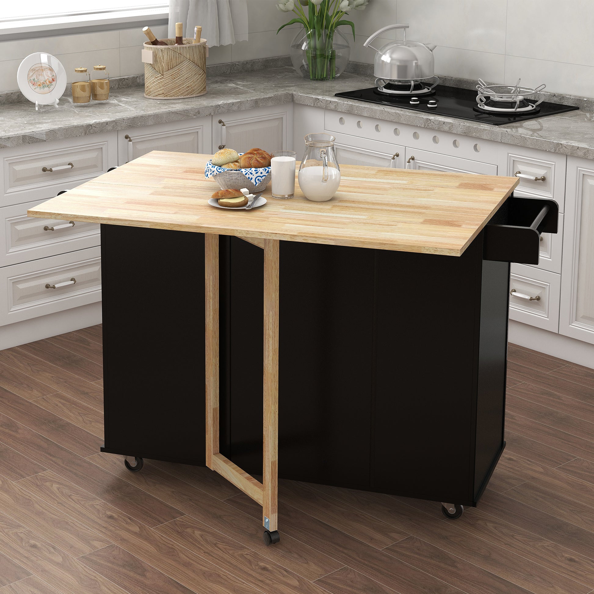 Black kitchen island cart with drop leaf wooden tabletop and storage drawers