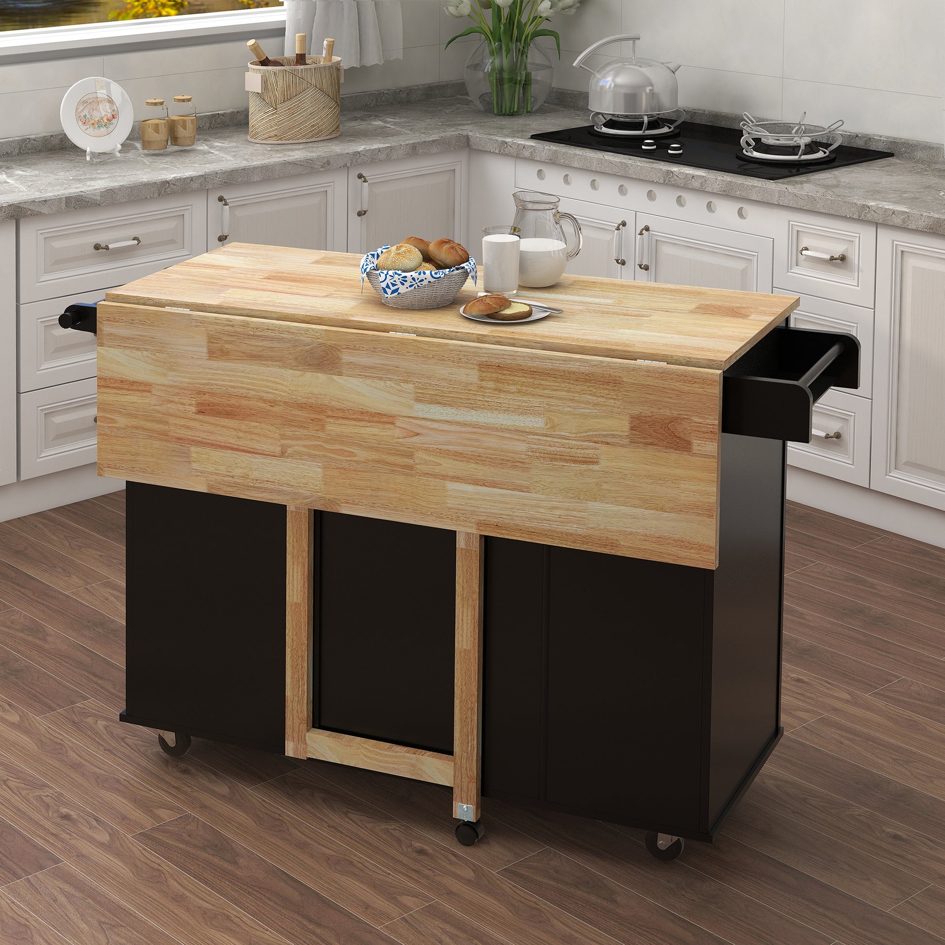 Black kitchen cart with drop leaf butcher block top and wood accents