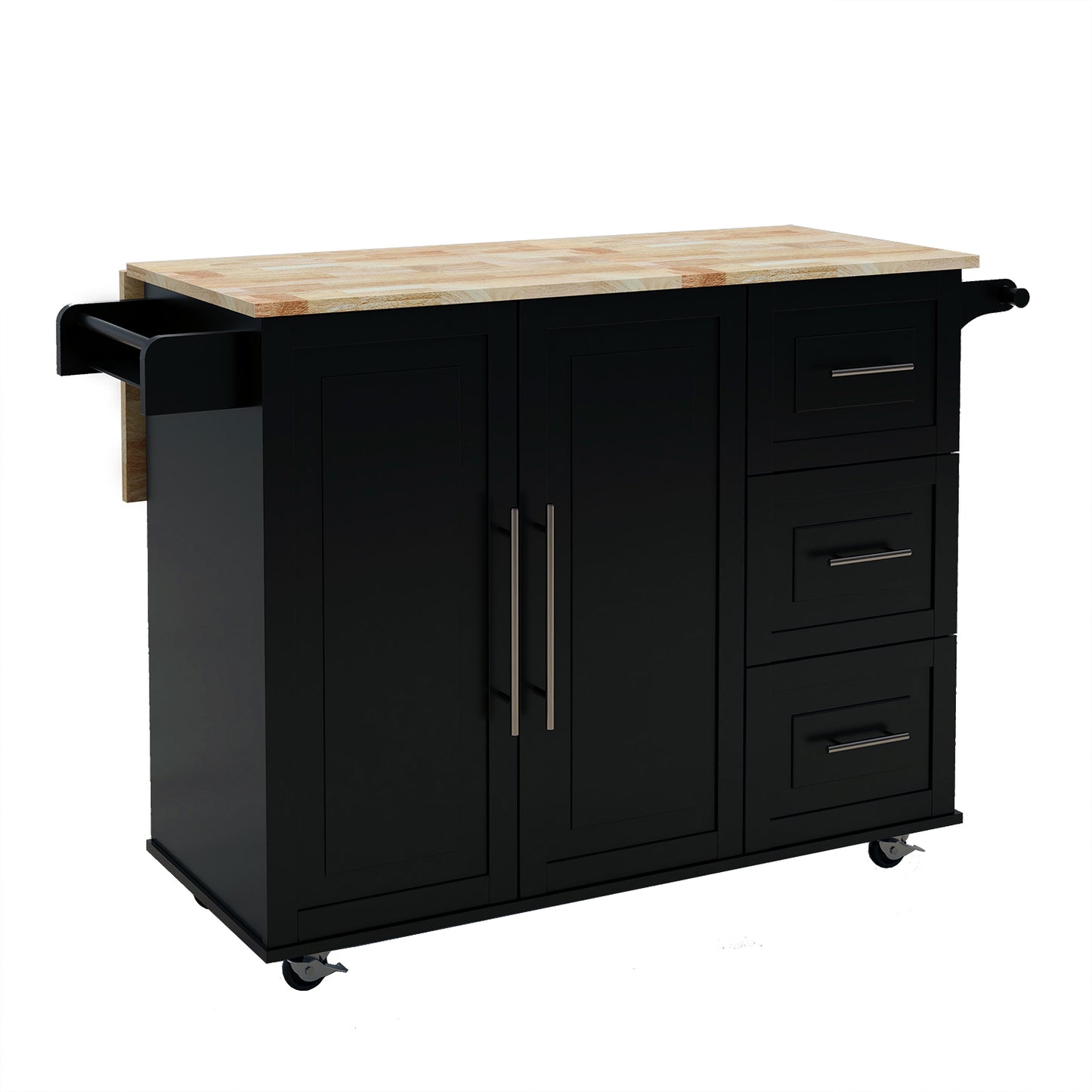 Black kitchen island cart with butcher block top and pullout drawer