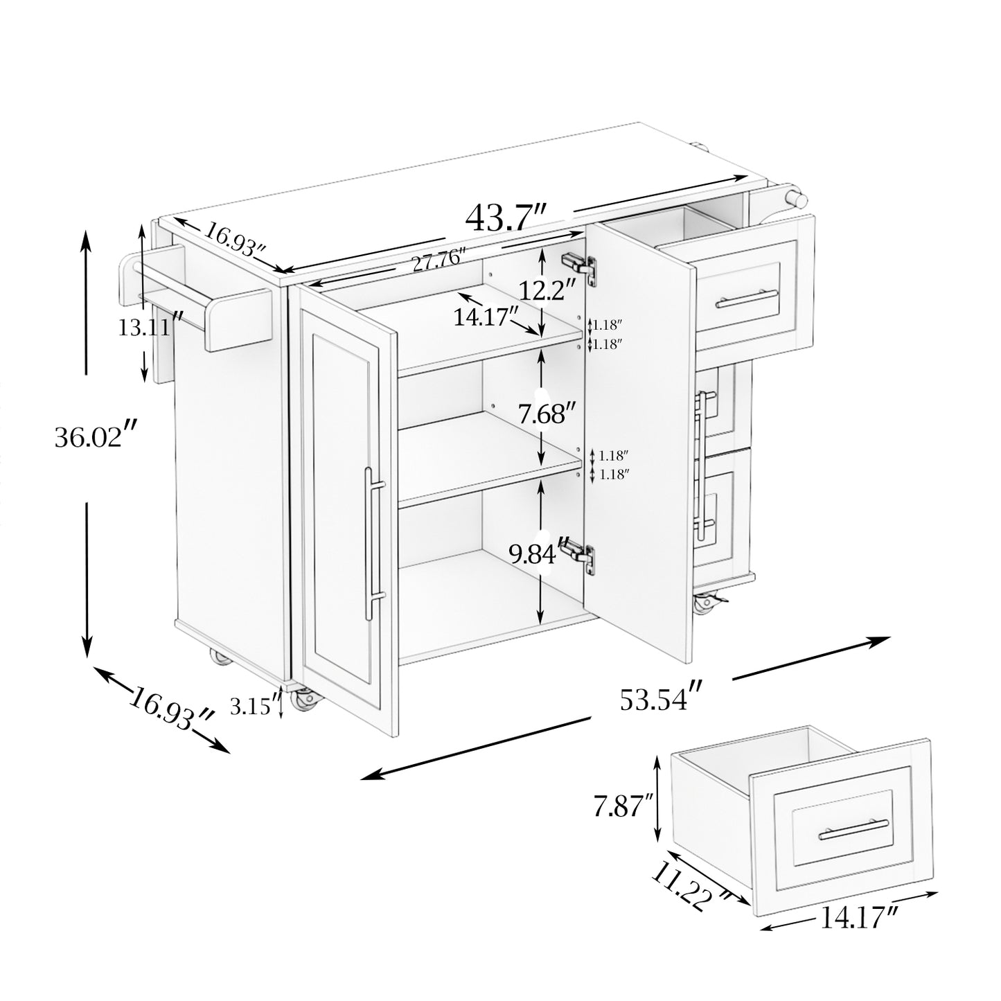Kitchen island blueprint with dimensions for drawers cabinets and countertop