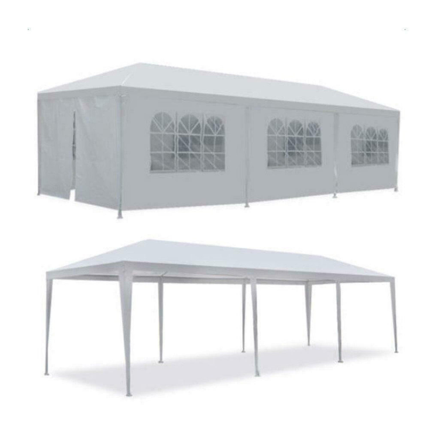 White rectangular party tent with arched windows ideal for outdoor events