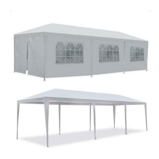 White rectangular party tent with arched windows ideal for outdoor events