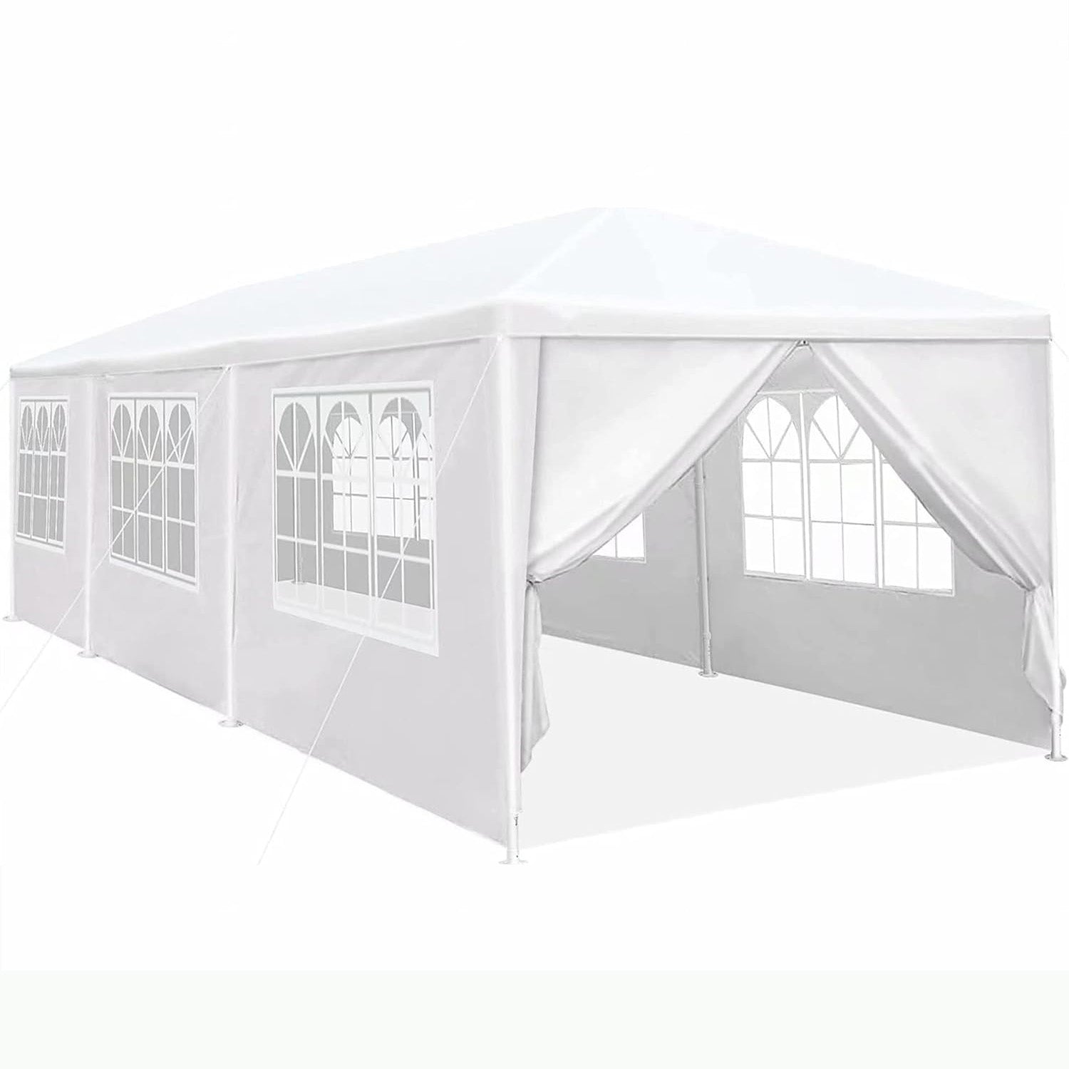White outdoor canopy tent with arched windows and draped entrance