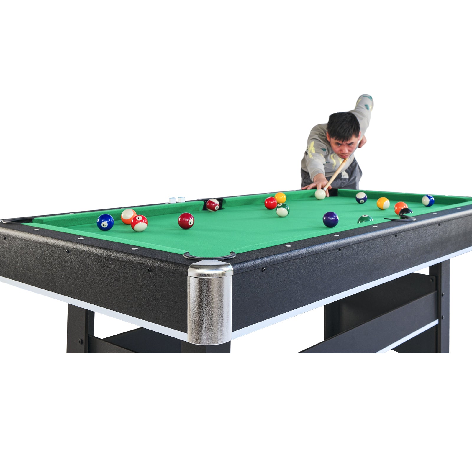 Player strikes cue ball on green felt billiard table with colorful balls