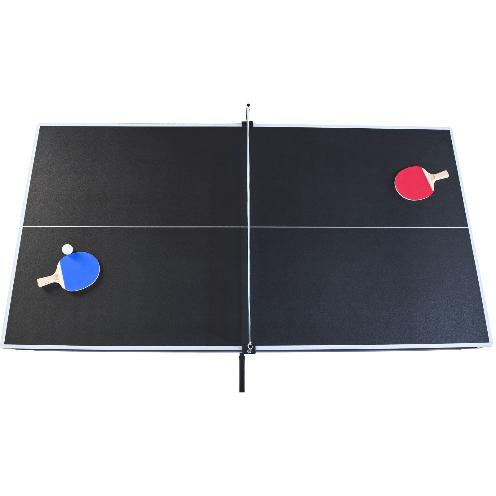 Black folding ping pong table with blue and red paddles ready for a game
