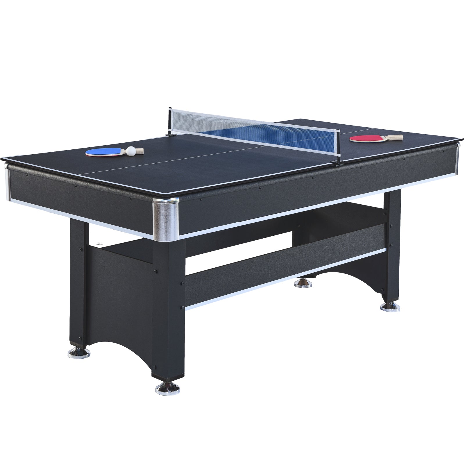 Black multigame table with ping pong net paddles and ball