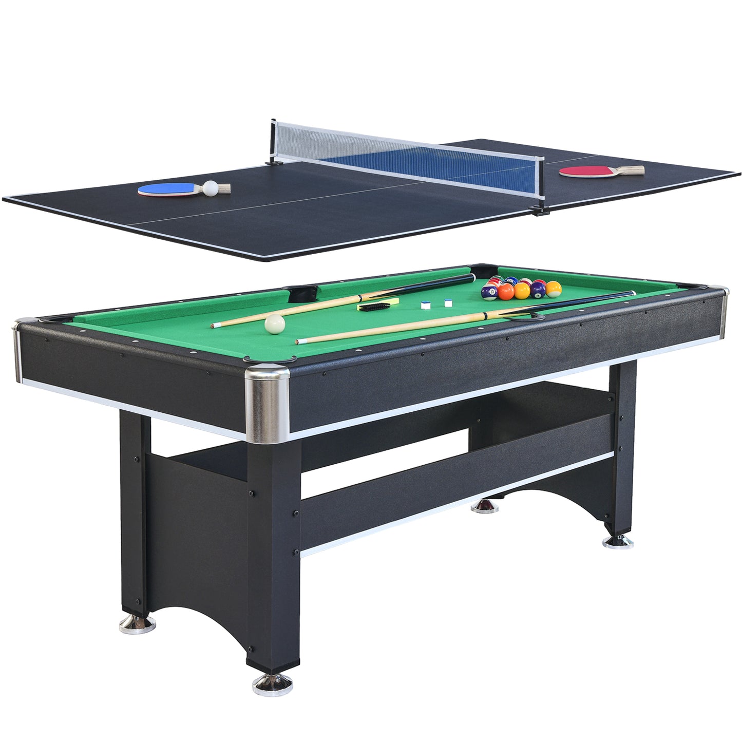 Black in pool and ping pong table with green felt and colorful balls