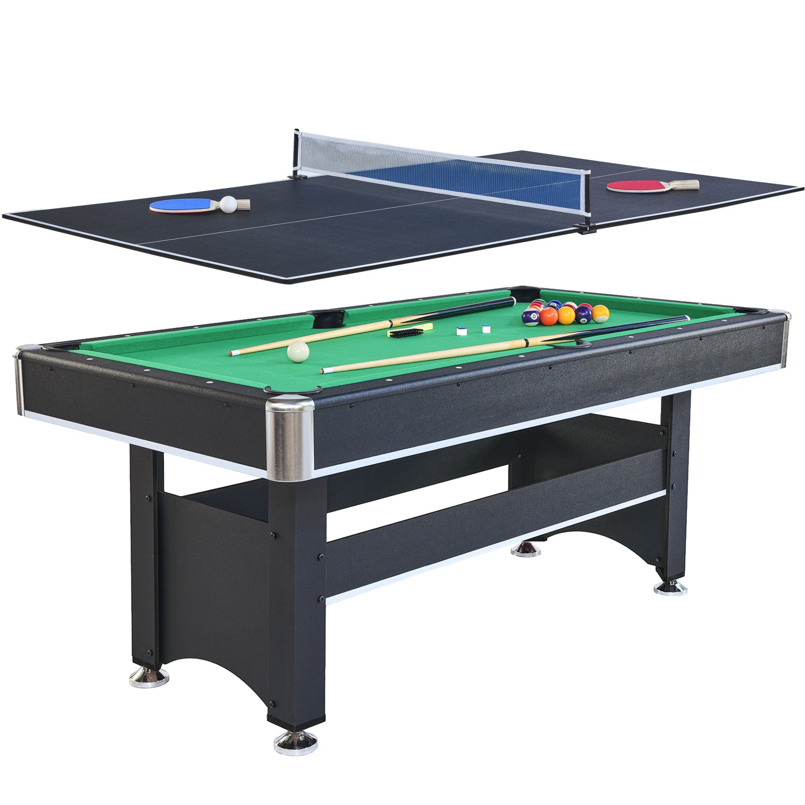 Black in pool and ping pong table with green felt and colorful balls