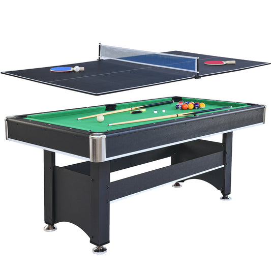 Black in pool and ping pong table with green felt and colorful balls