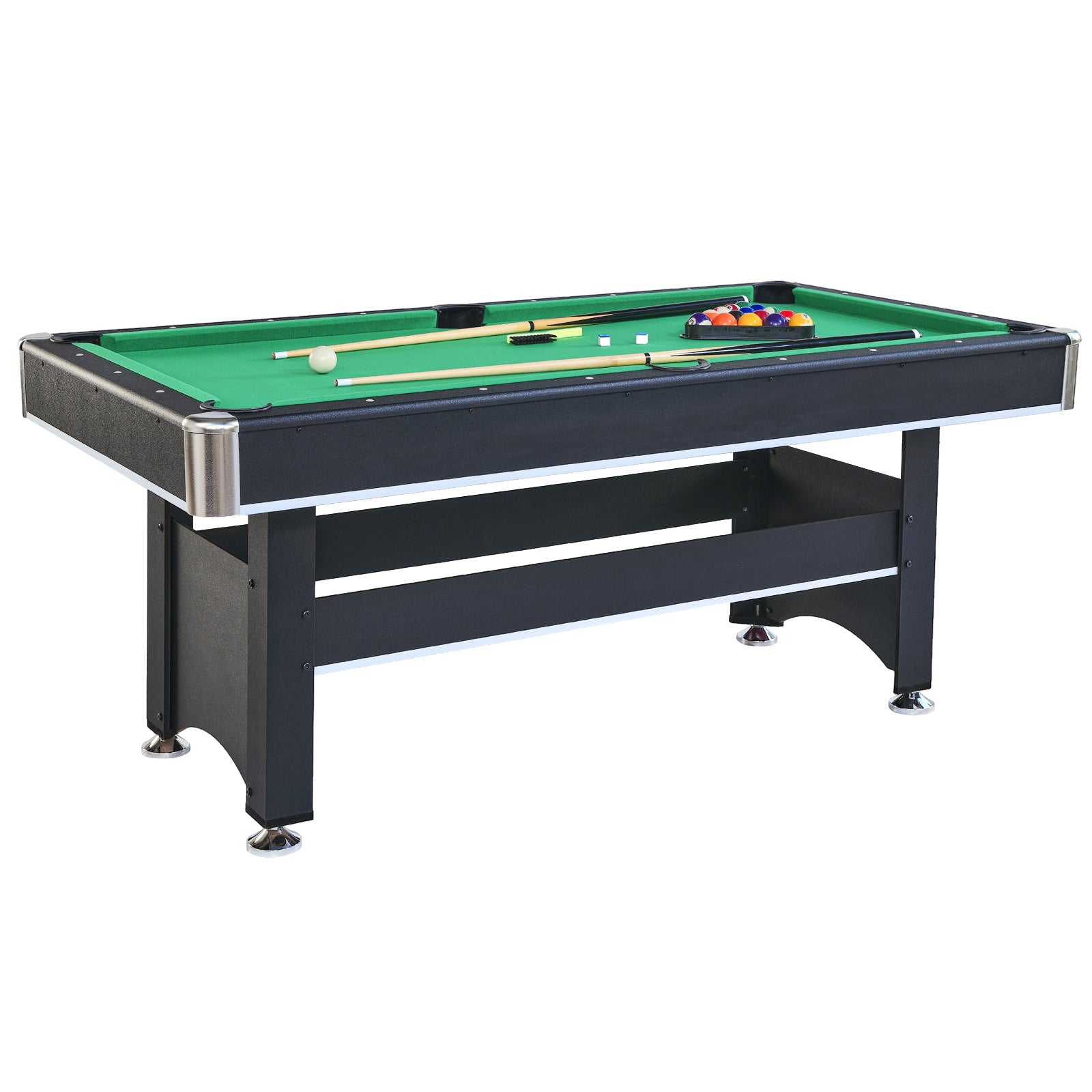 Black wood pool table with green felt and full ball set