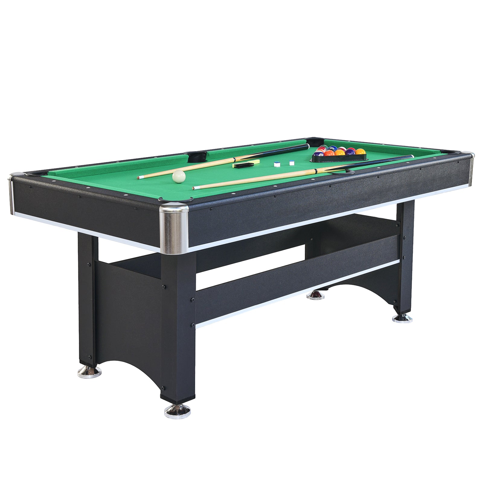 Black foot pool table with green felt cues and a racked set of billiard balls