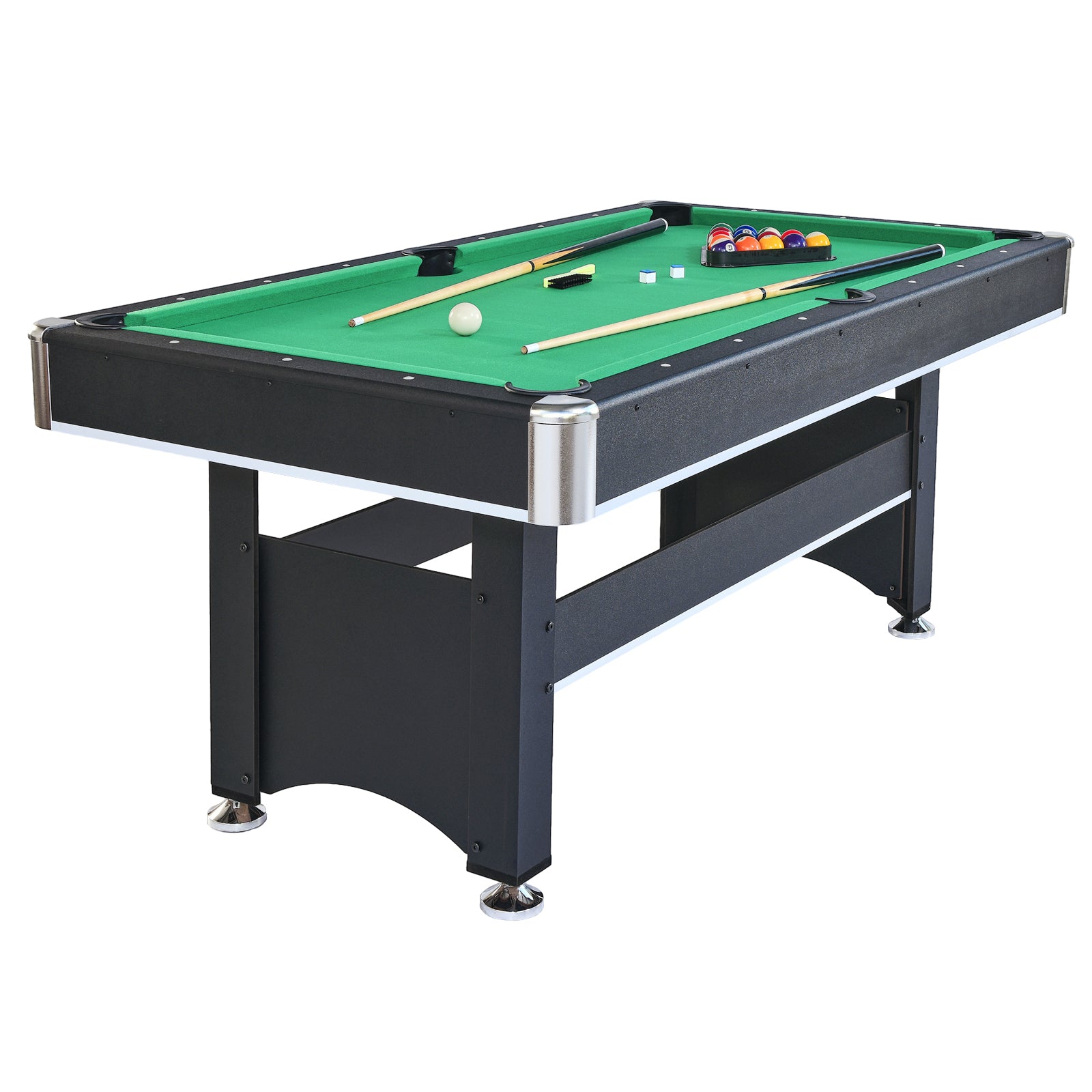Black foot billiard table with green felt cues balls and rack included for home entertainment