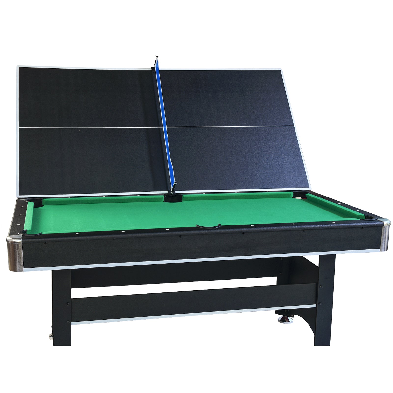 Black and green convertible pool and ping pong table with blue net