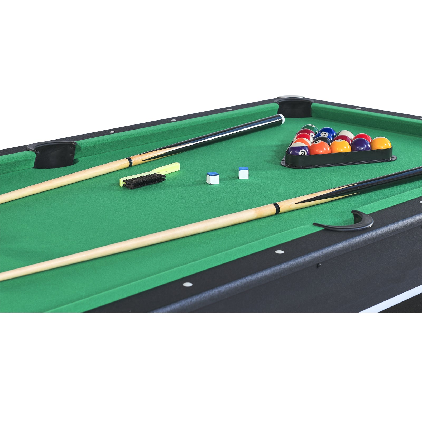 Set of  pool balls in a black triangle rack on a green felt table