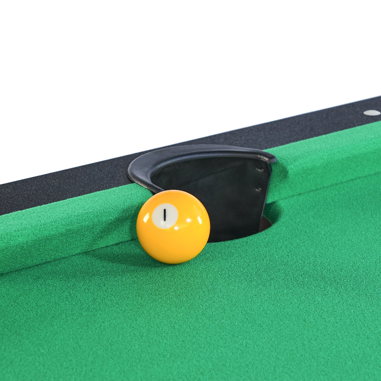 Yellow billiard ball number  near a pocket on a green felt pool table