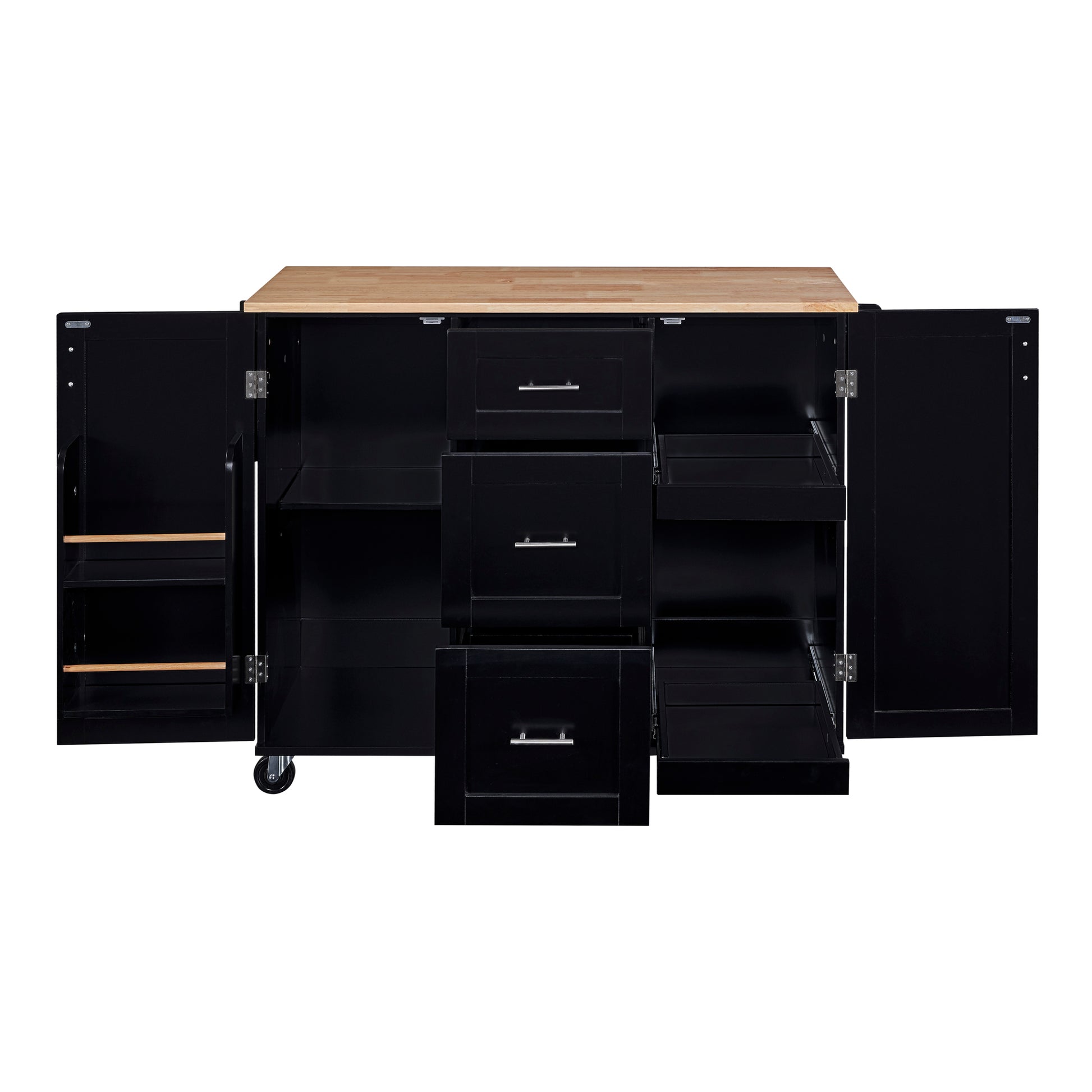 Black kitchen island with butcher block top and open drawers