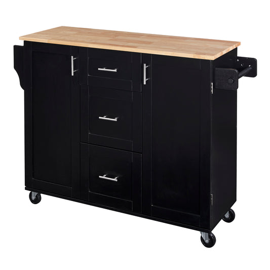 Black kitchen island with butcher block top and casters