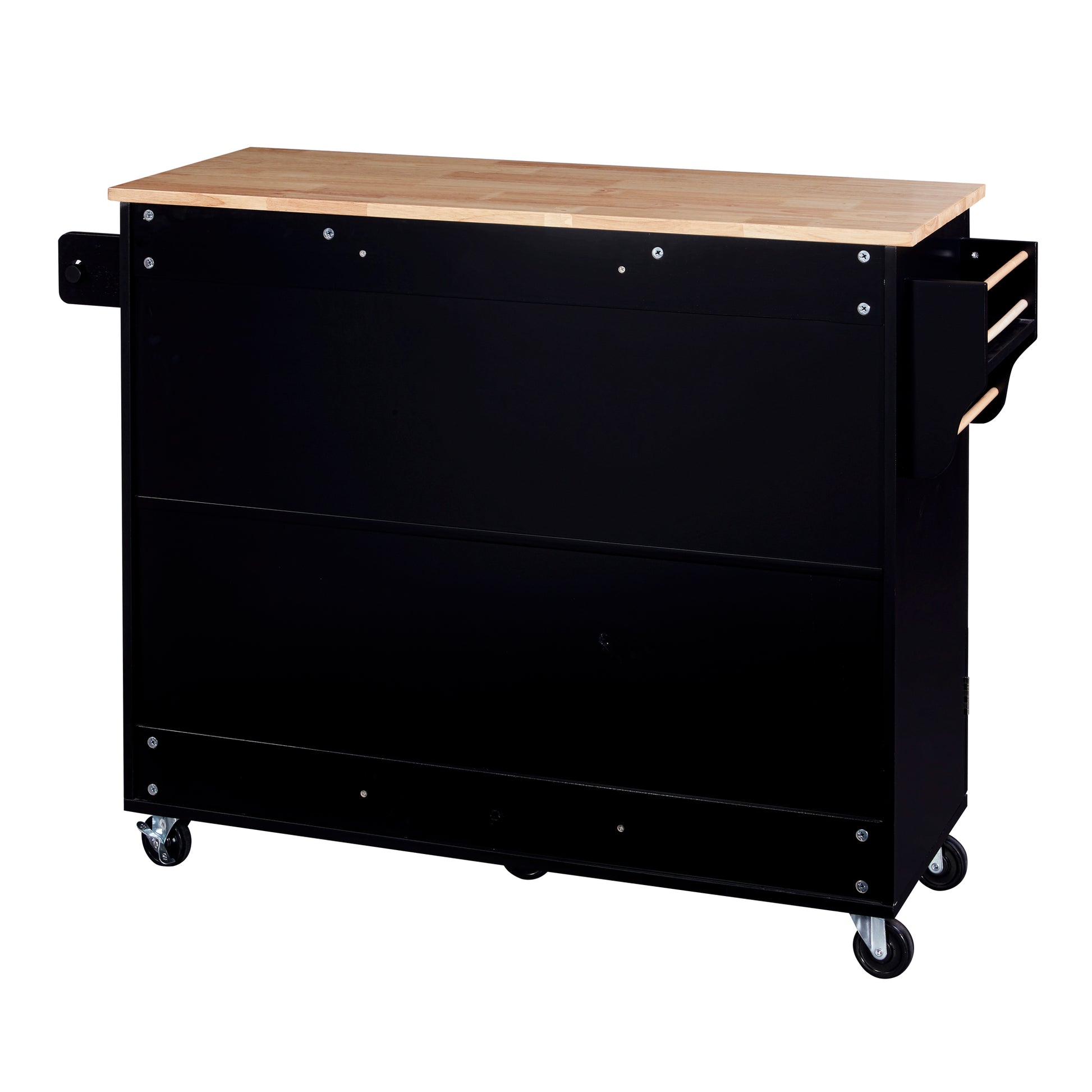 Black rolling tool cabinet with butcher block top and side organizer