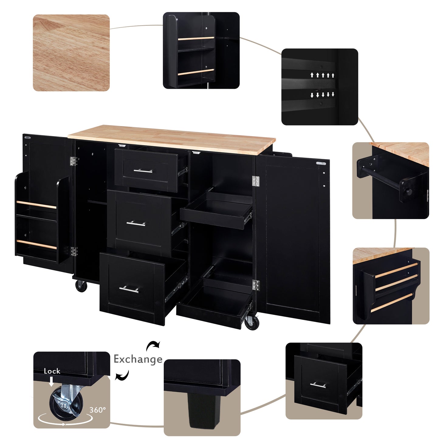 Black kitchen island with wooden countertop and multiple drawers