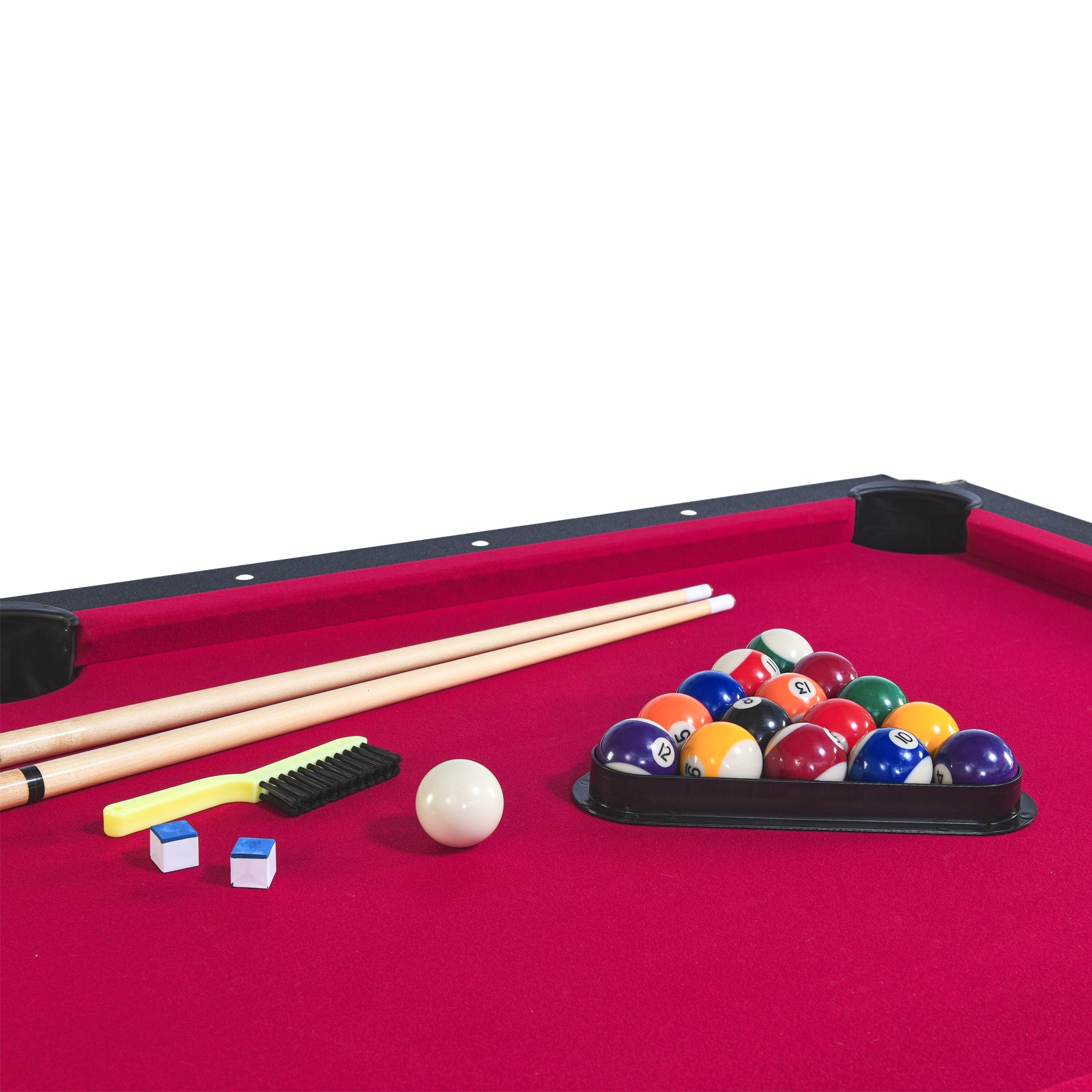 Full set of billiard balls in a rack on a red felt pool table with cues