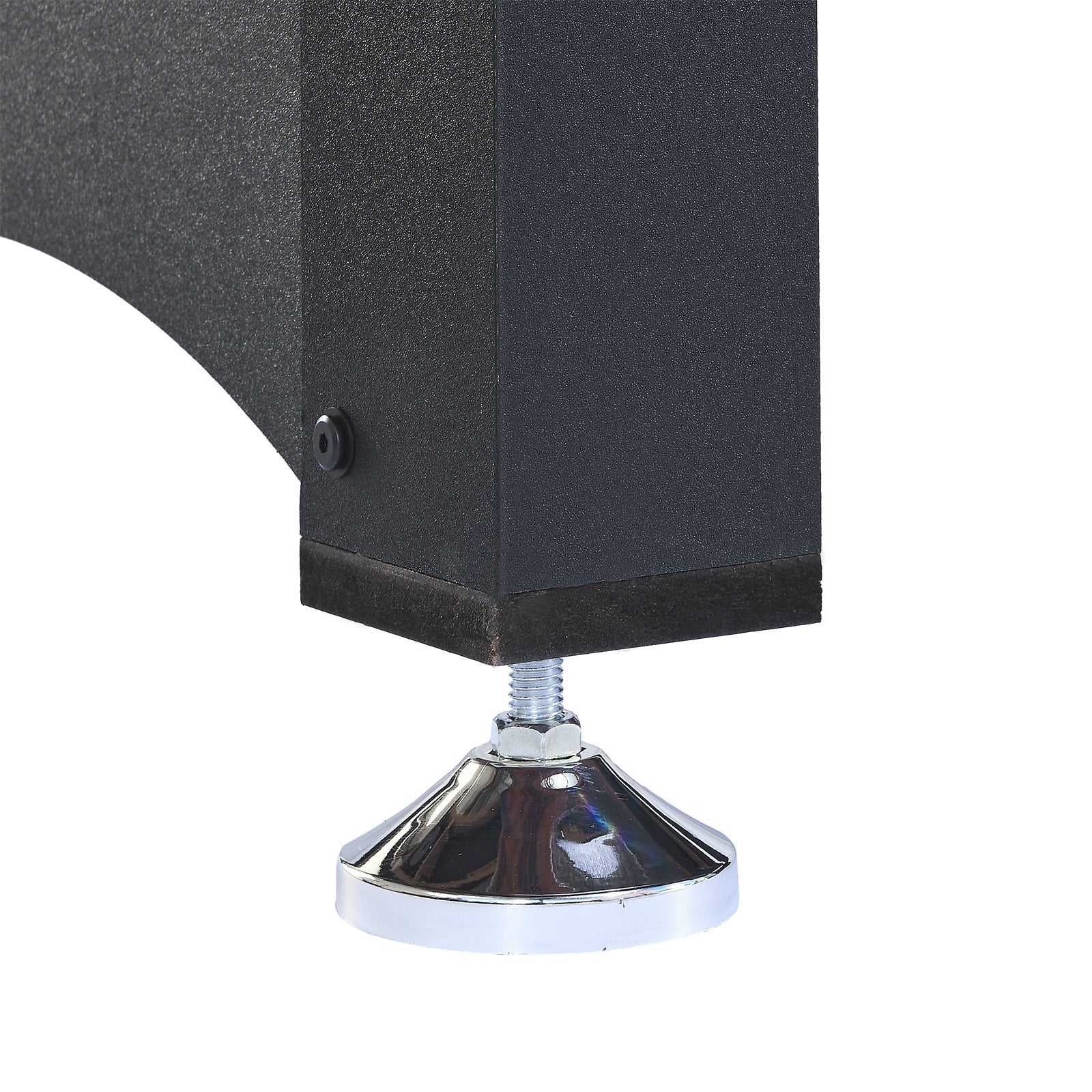 Black adjustable furniture foot with chrome cone base ideal for leveling tables