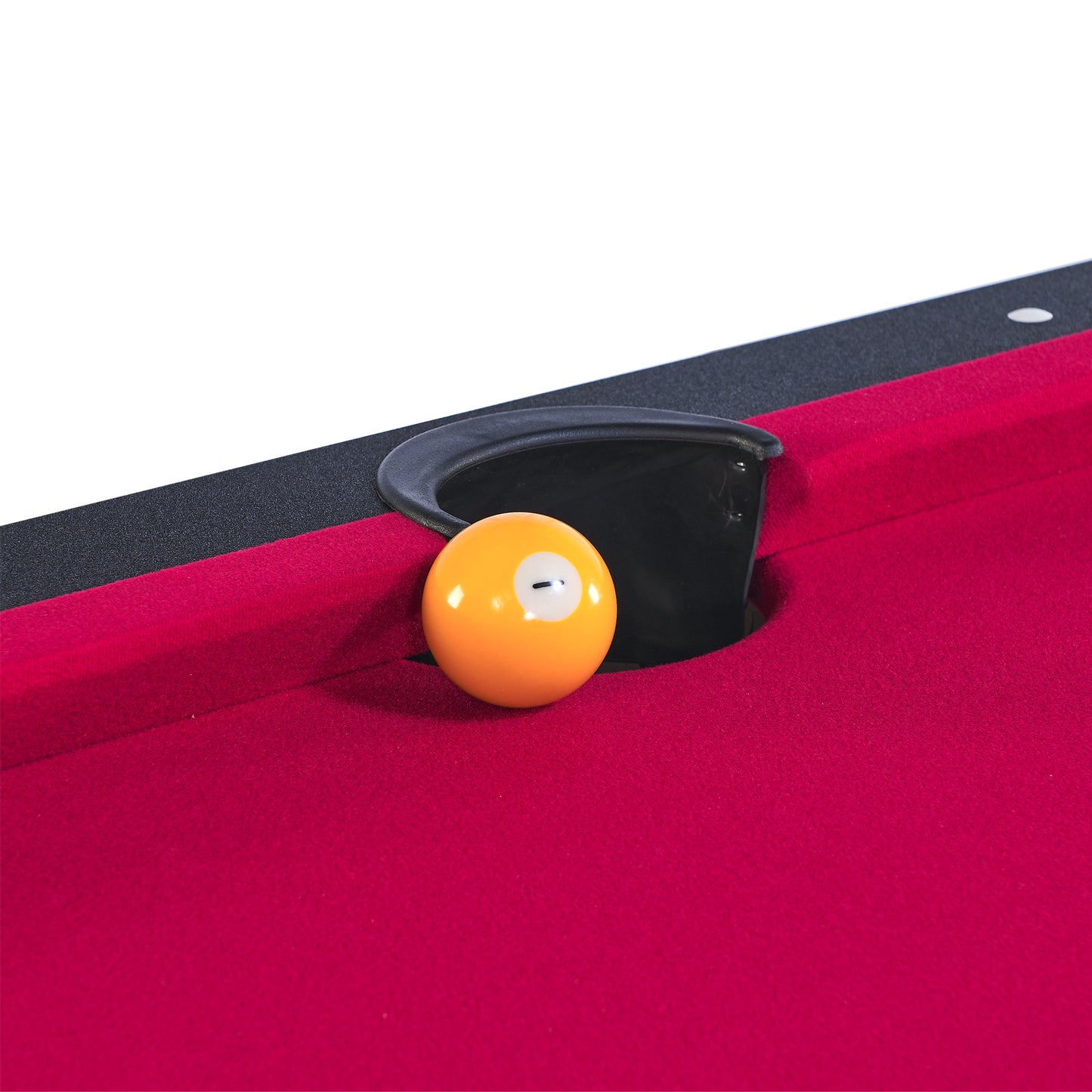 Orange billiard ball number  on a red felt pool table near a pocket