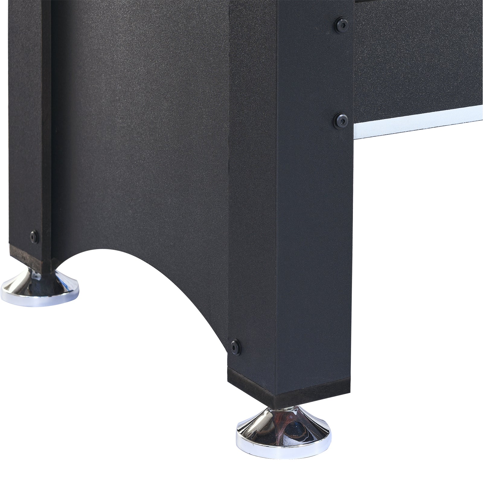 Black textured metal table leg with polished chrome adjustable foot for stability