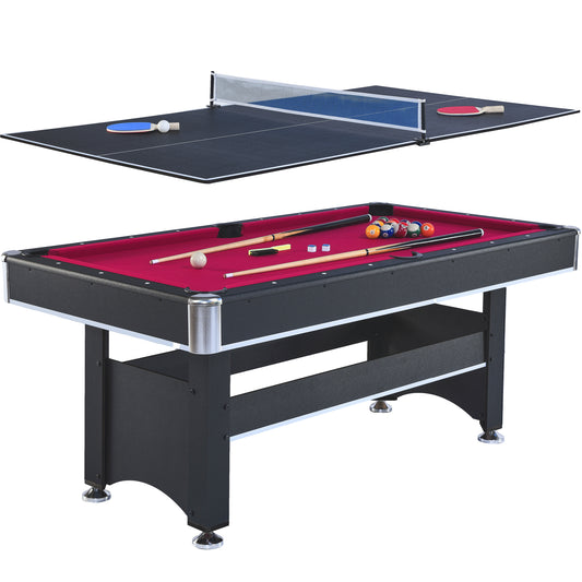 Black in game table with red felt pool table cues balls and ping pong top