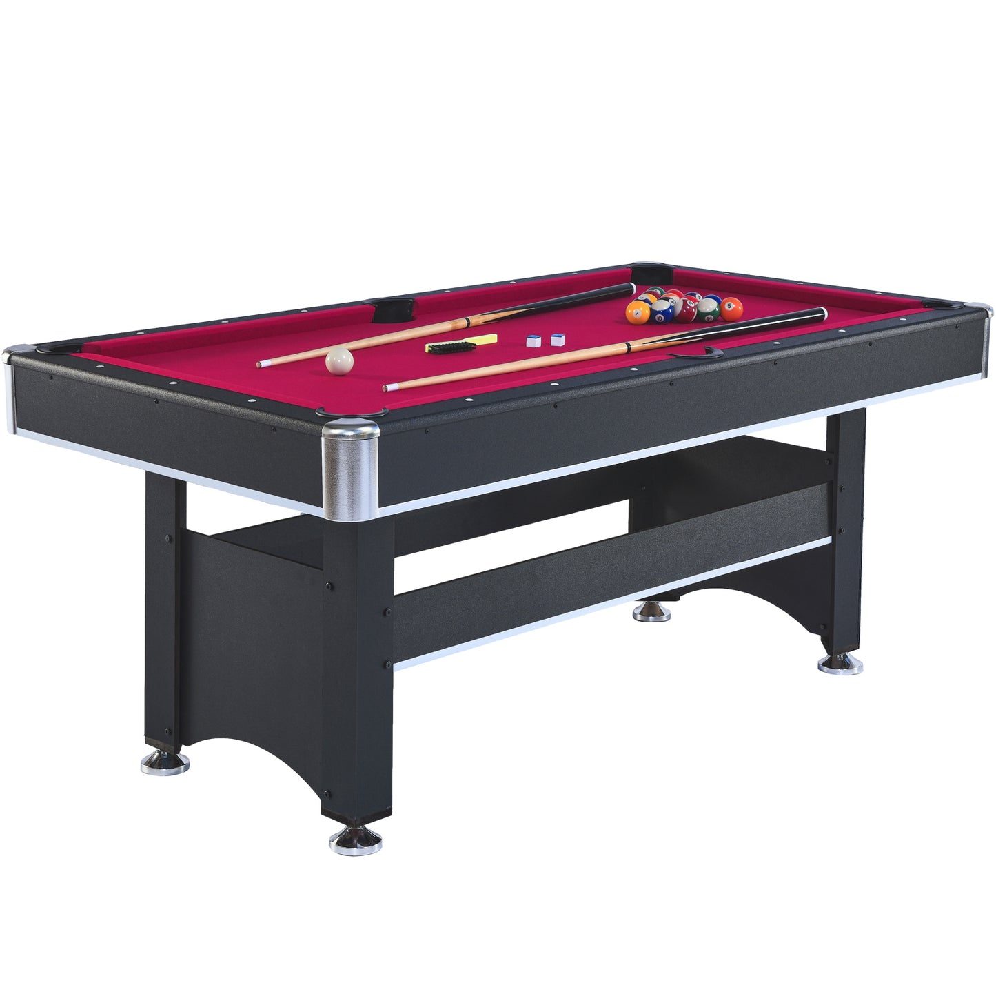 Black ft pool table with crimson felt cues and billiard balls for family fun