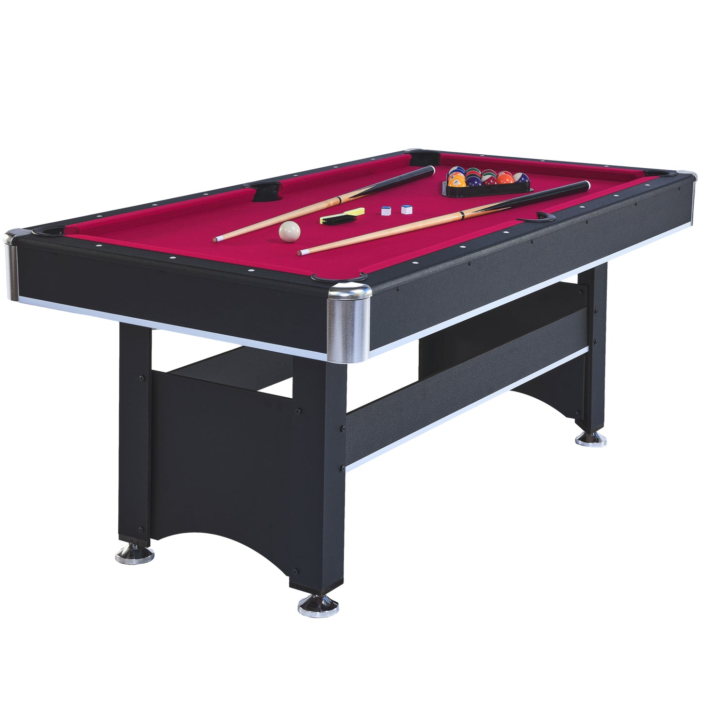 Black framed billiard table with a red felt surface cues and balls