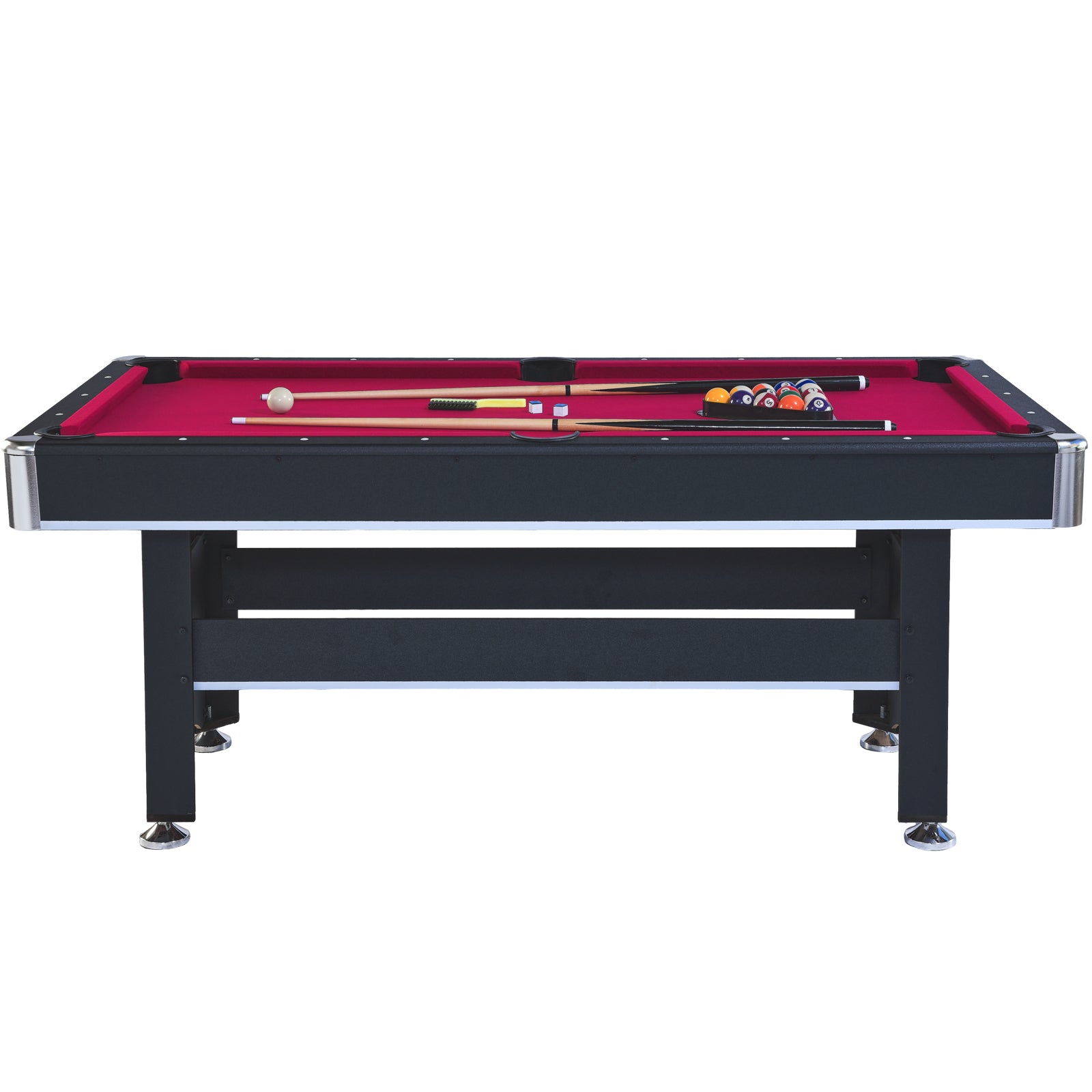 Crimson felt pool table with billiard balls and cues ready for game night