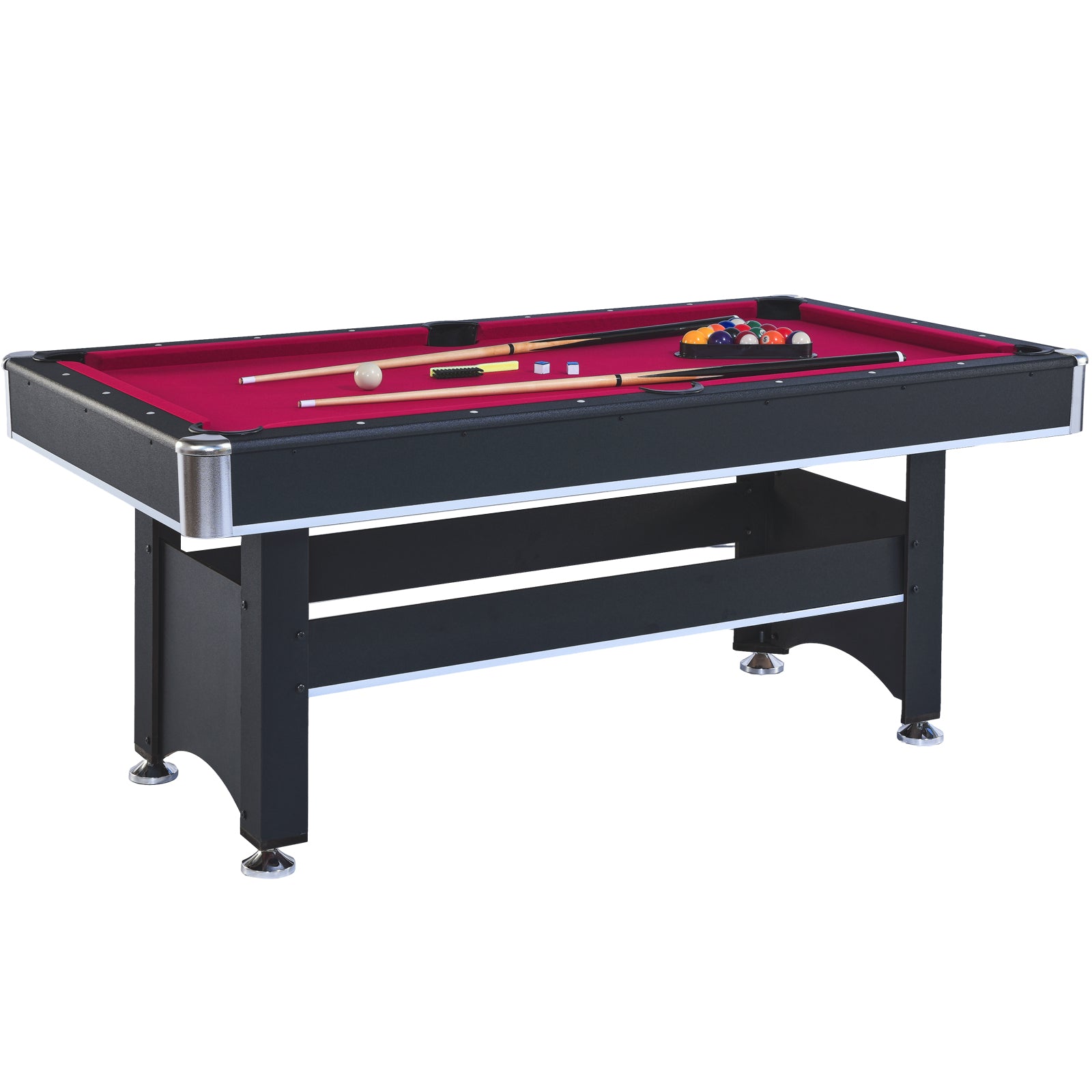 Black and red felt pool table with cues and balls for game room fun