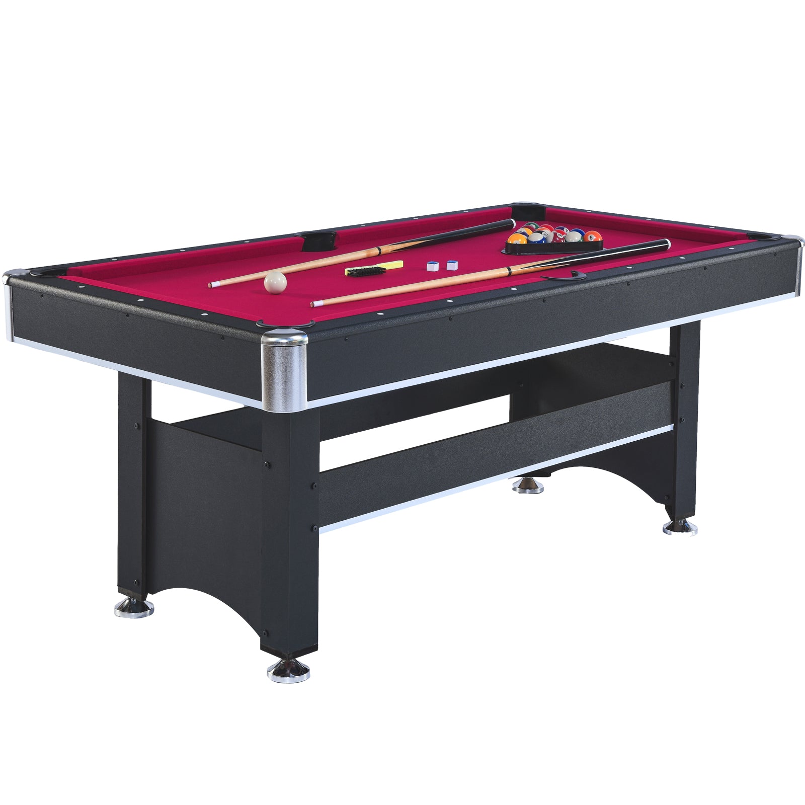 Black frame pool table with red felt  cues and striped balls arranged for play
