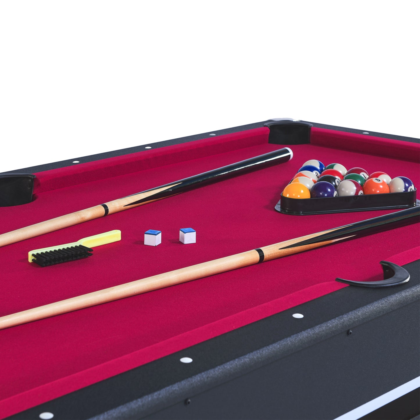Full set of billiard balls in a triangle rack on a red felt pool table