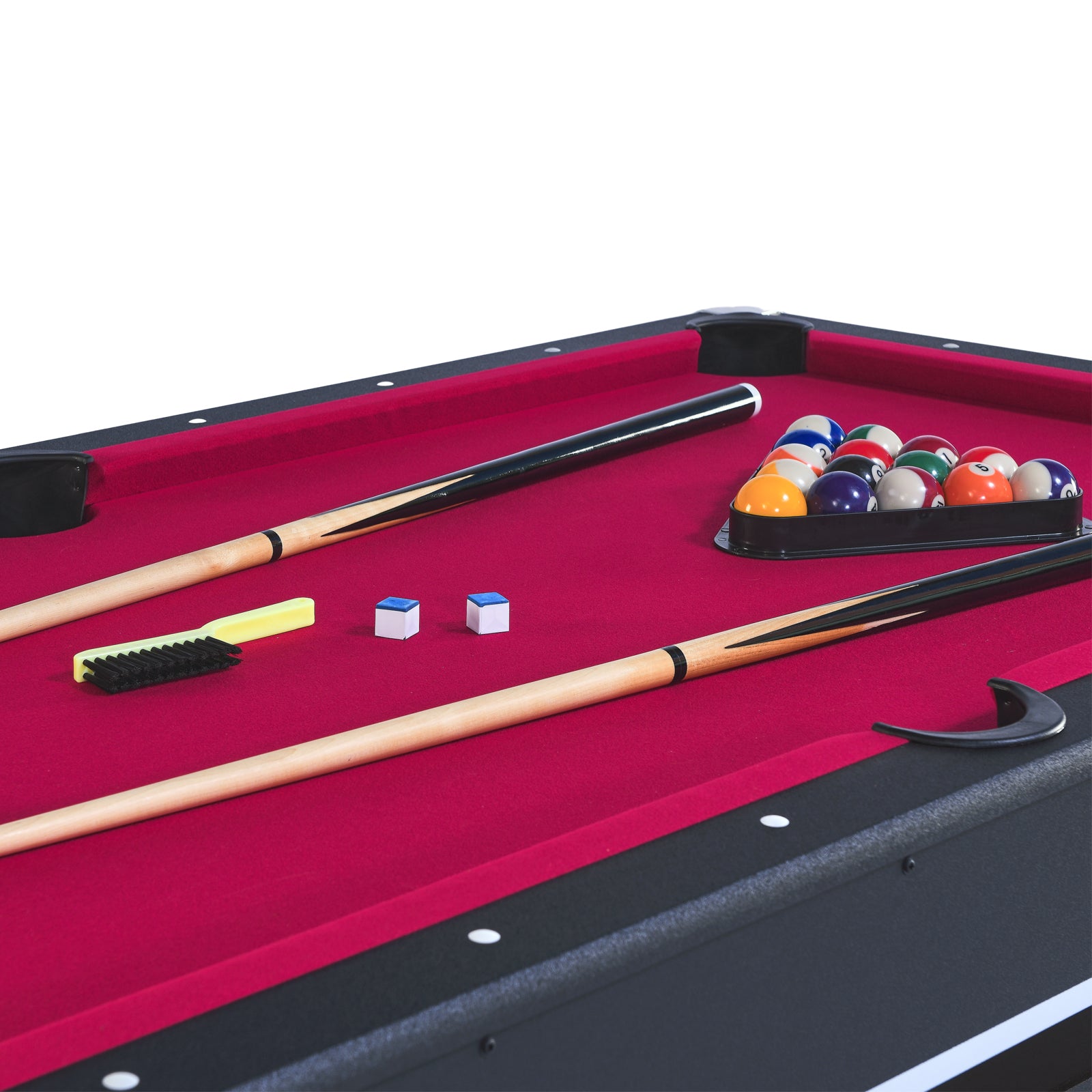 Full set of billiard balls in a triangle rack on a red felt pool table