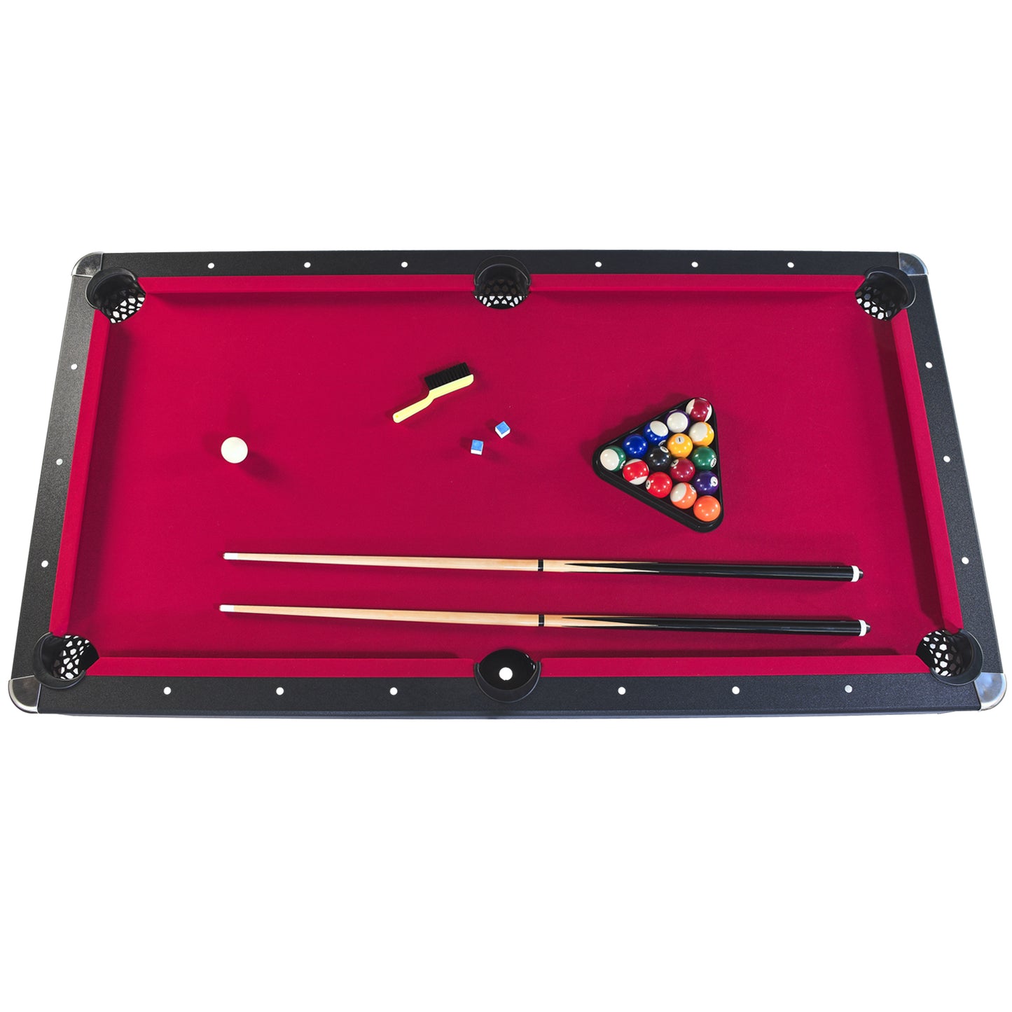 Red felt pool table with full set of billiard balls and cues