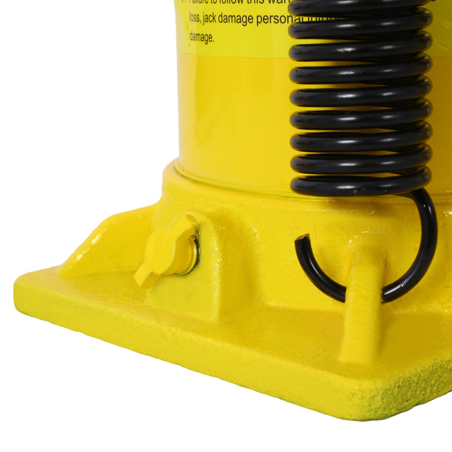 Yellow bottle jack base with black spring and release valve detail