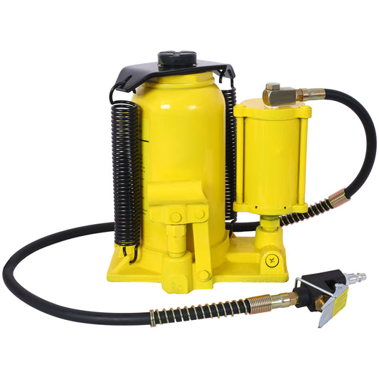 Yellow ton air hydraulic bottle jack with black spring and hose attachment