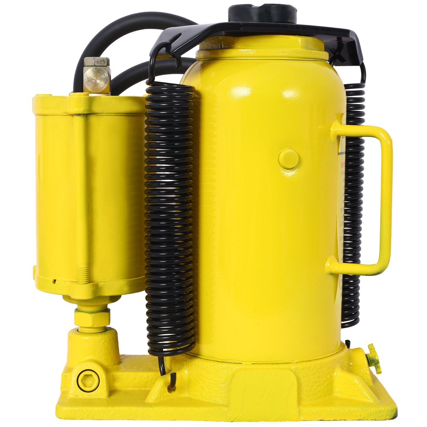 Bright yellow hydraulic bottle jack with black hoses and springs designed for heavy lifting applications