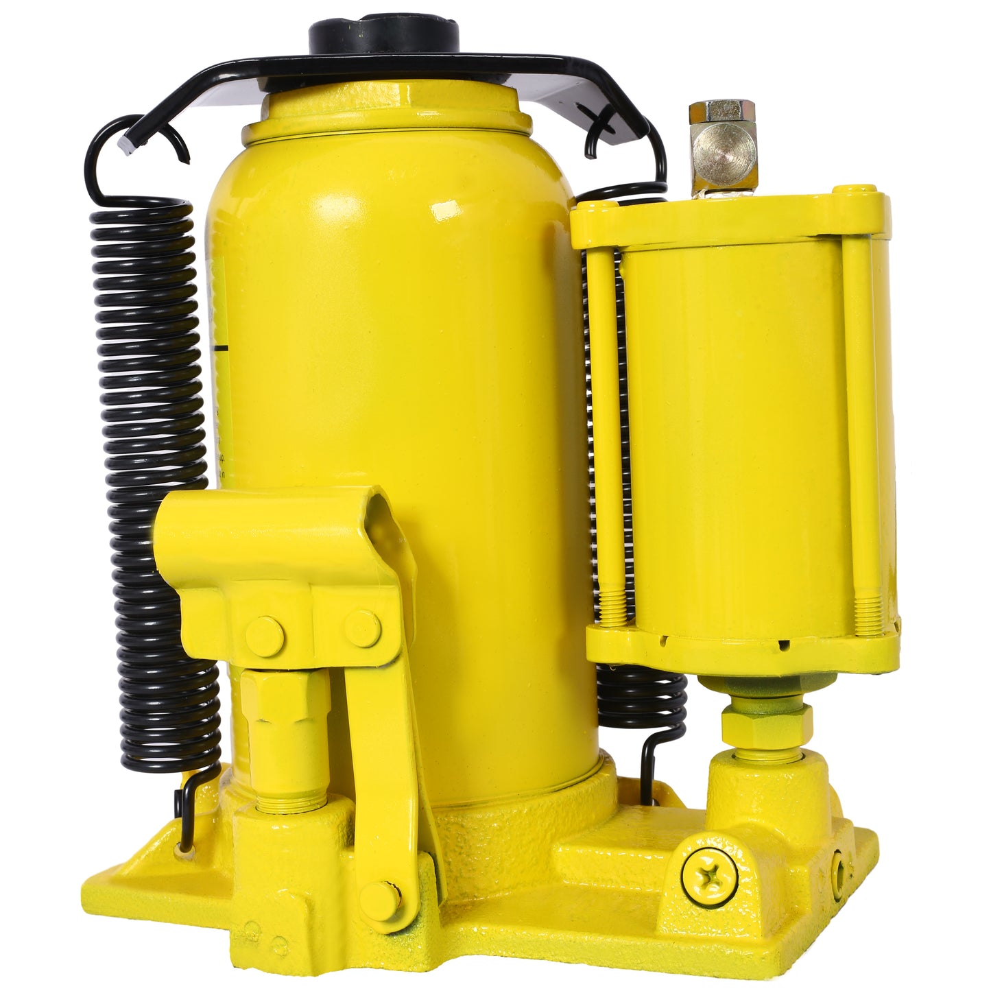 Bright yellow hydraulic bottle jack with heavyduty construction for lifting vehicles