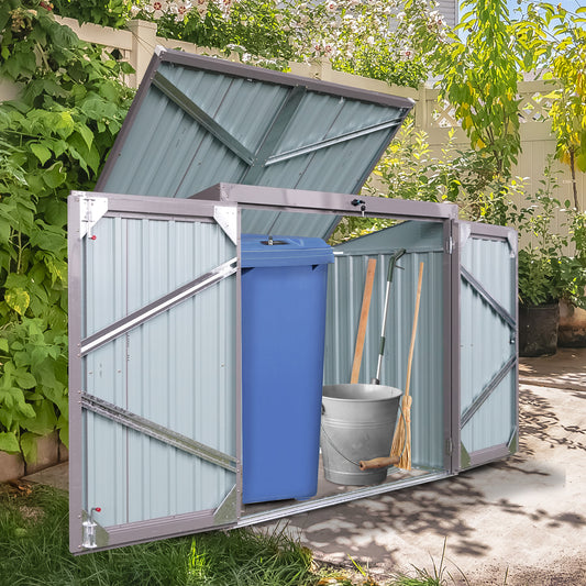Gray metal outdoor storage shed with double doors open housing a blue trash bin and cleaning tools