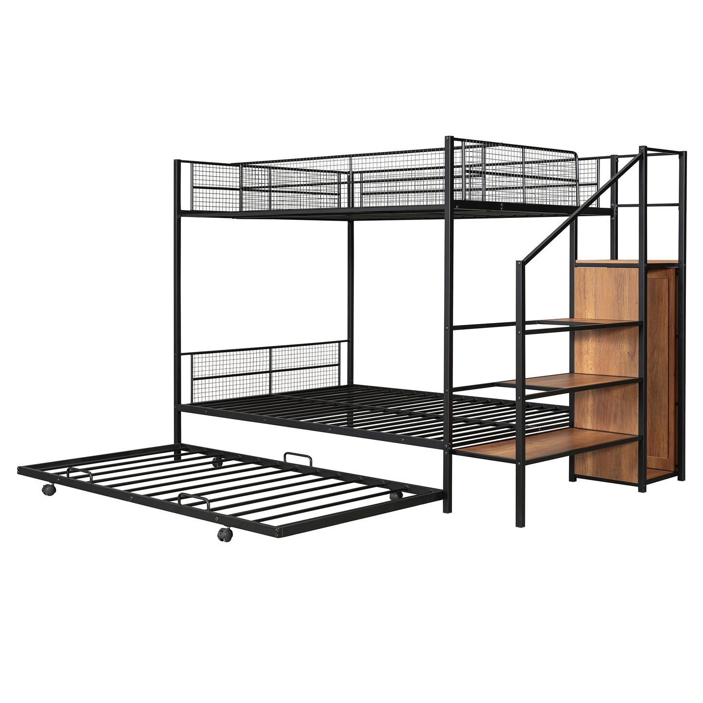 Black metal bunk bed with wood stairs and pullout trundle for kids rooms