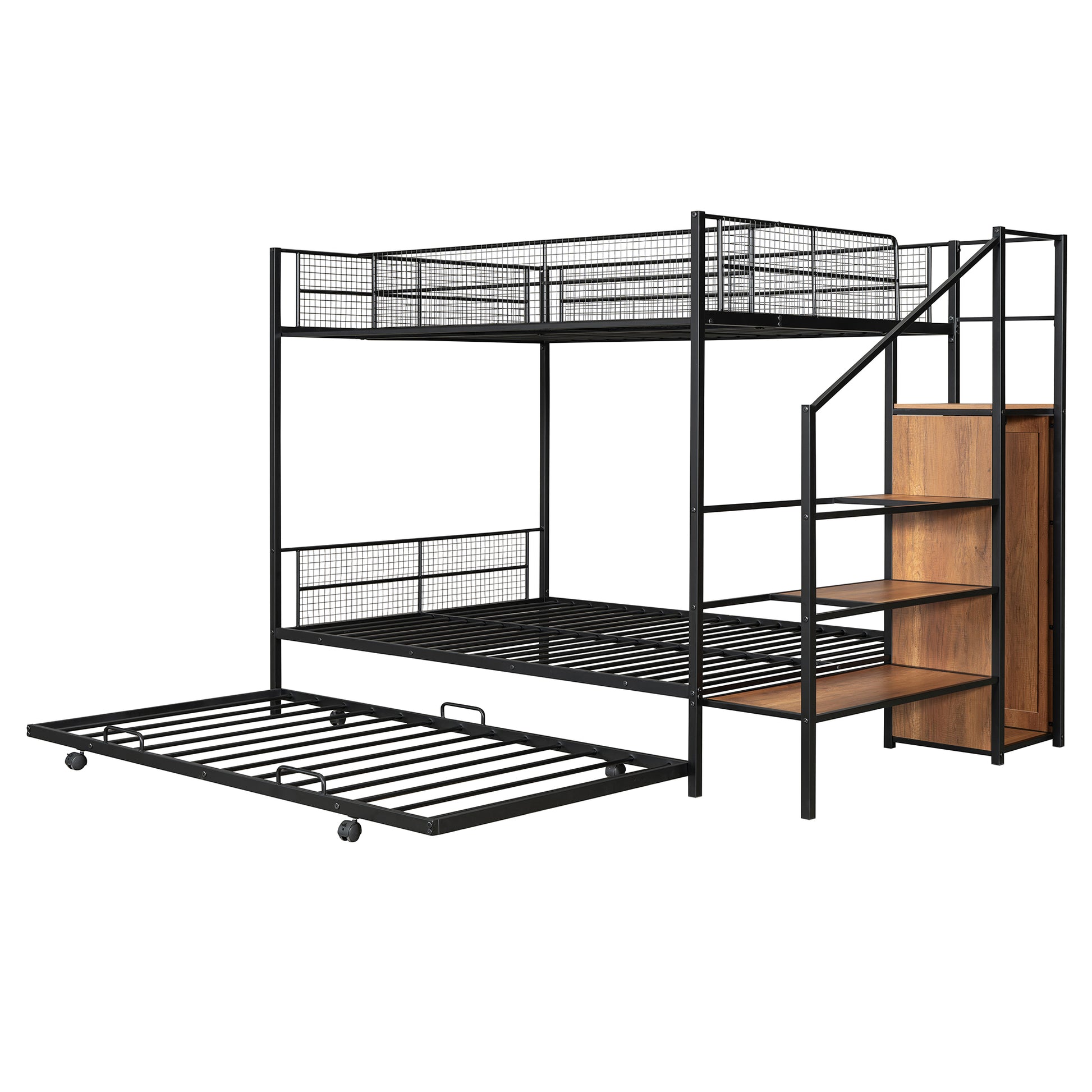 Black metal bunk bed with wood stairs and pullout trundle for kids rooms