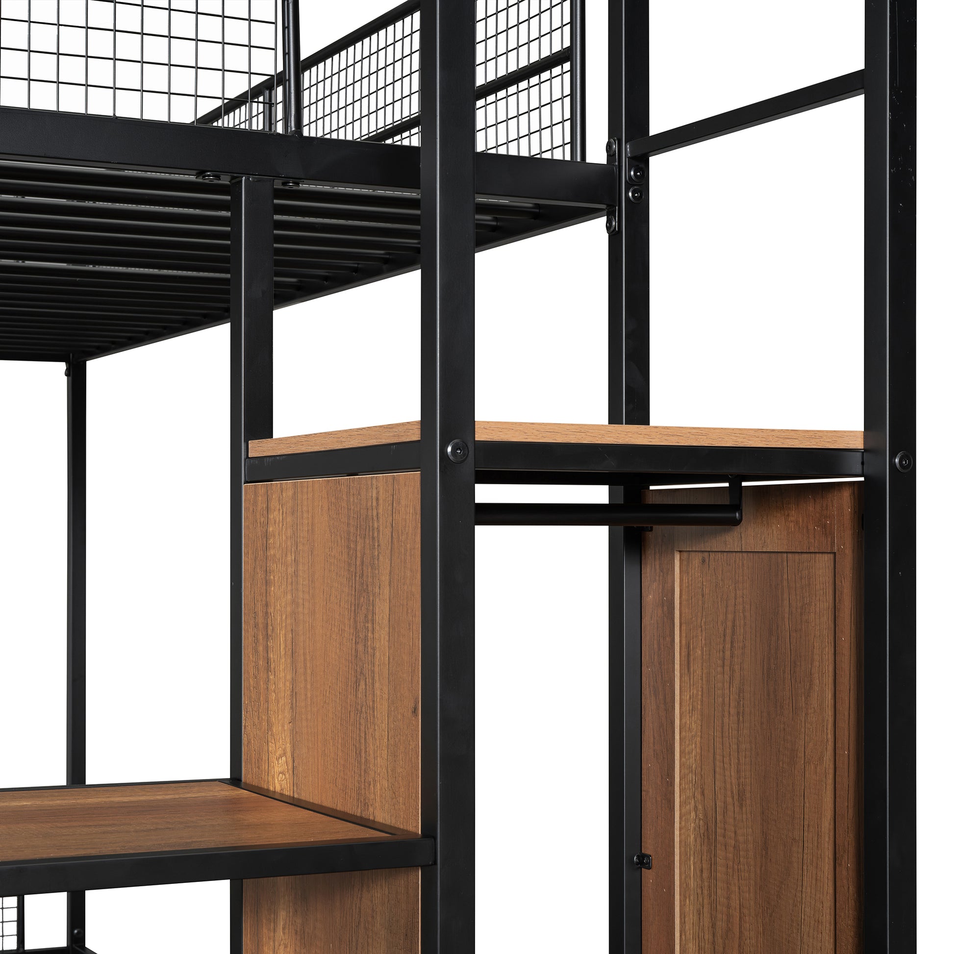 Industrial loft bed frame with wood paneling and black metal construction