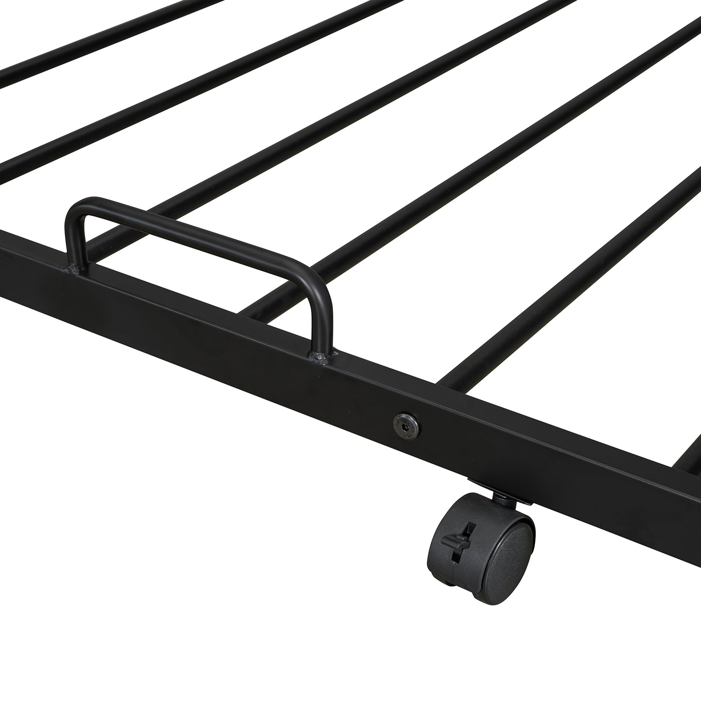 Black metal bed frame with a sturdy rolling caster wheel for easy mobility