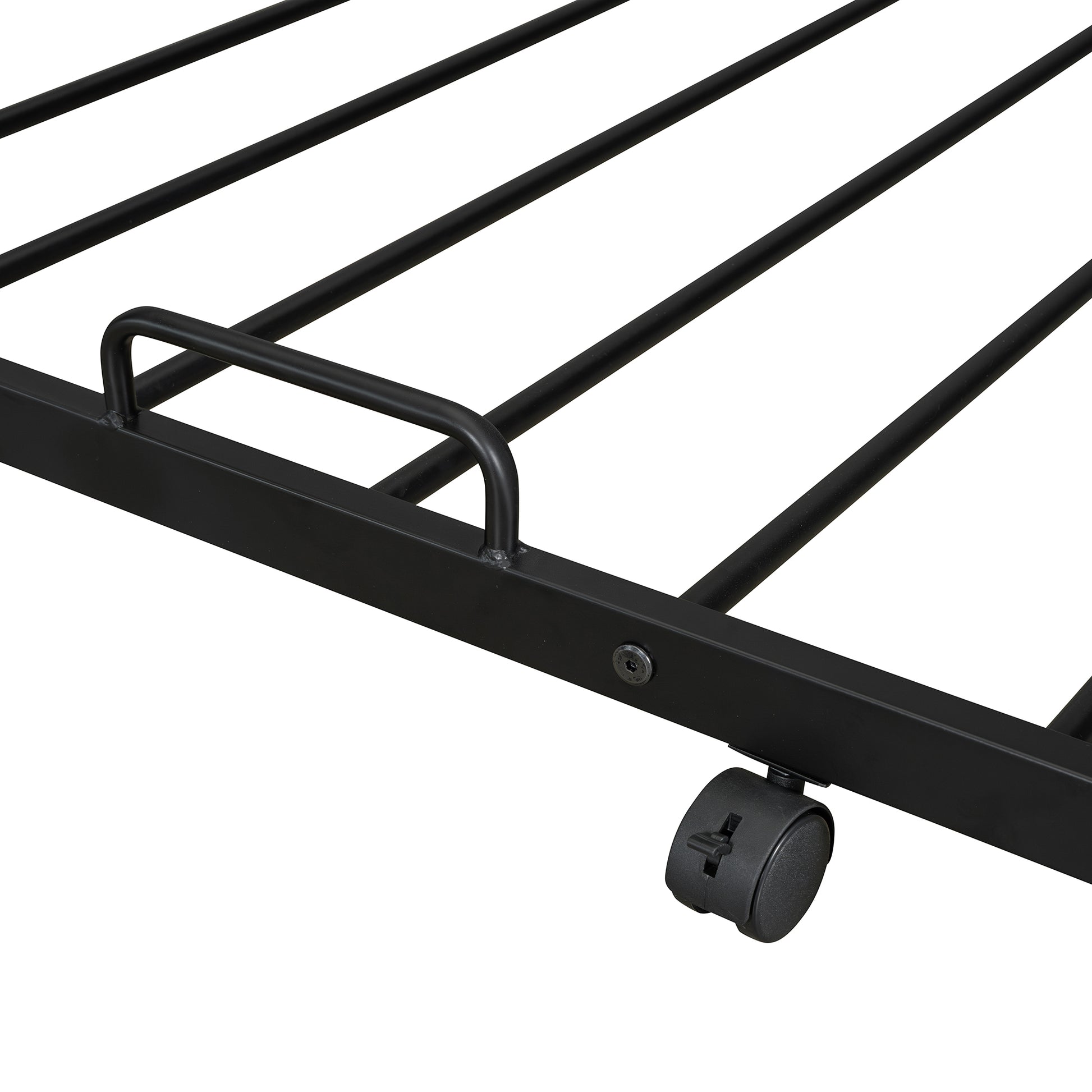 Black metal bed frame with a sturdy rolling caster wheel for easy mobility